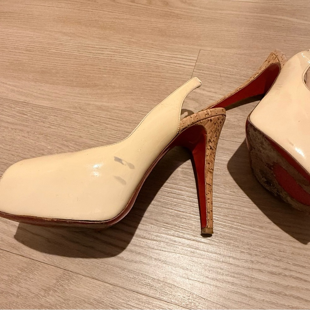 Christian Louboutin Cream Patent Slingback Cork Platform Heels - Picture 3 of 8